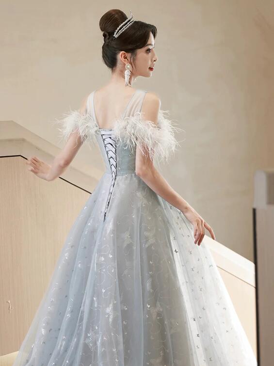 Cute Tulle Lace Long Prom Dress, Light Blue Tulle Off Shoulder Evening Dress