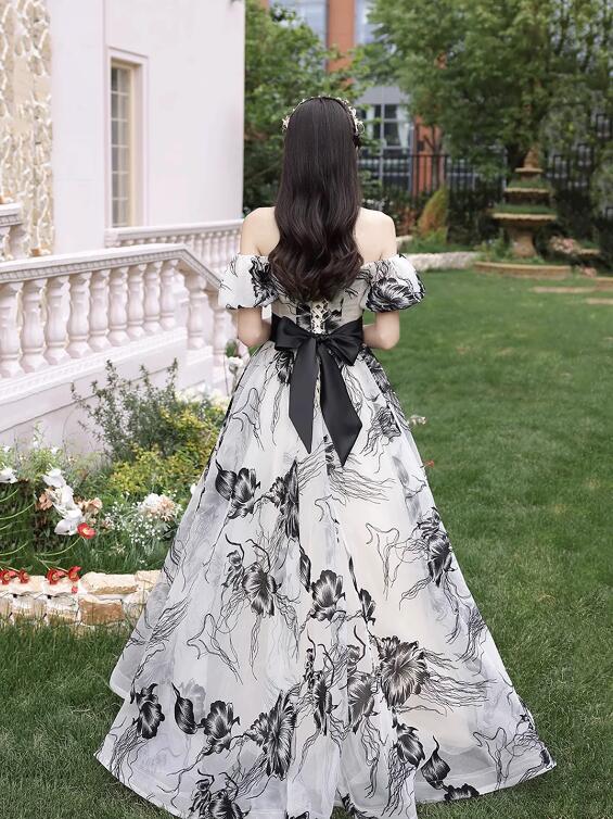 Beautiful Black Print A-Line Princess Dresses with Bow