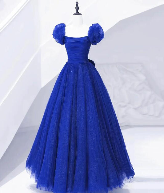 Cute Tulle Long Prom Dress with Bow, Royal Blue Short Sleeve Evening Party Dress