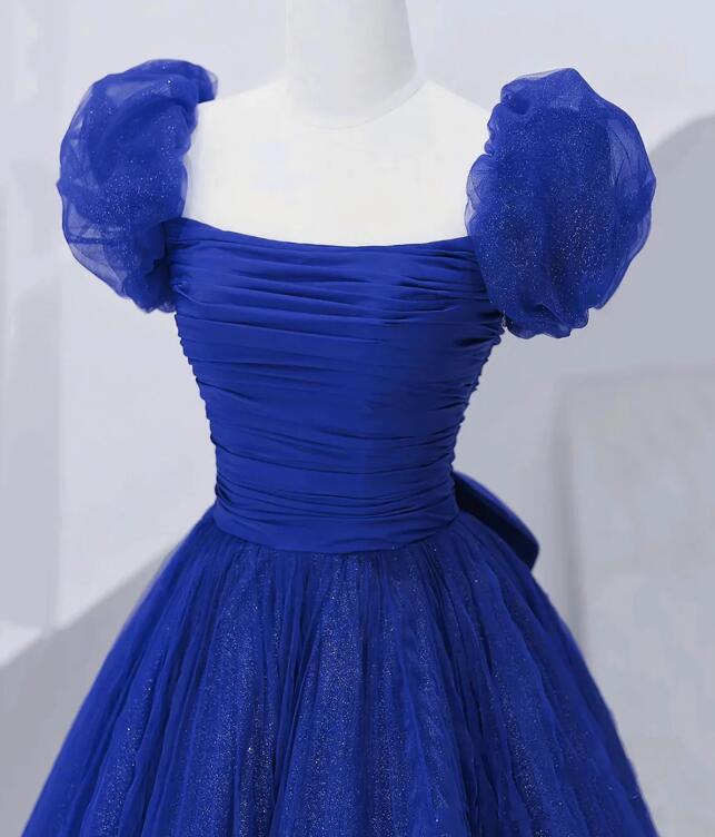 Cute Tulle Long Prom Dress with Bow, Royal Blue Short Sleeve Evening Party Dress