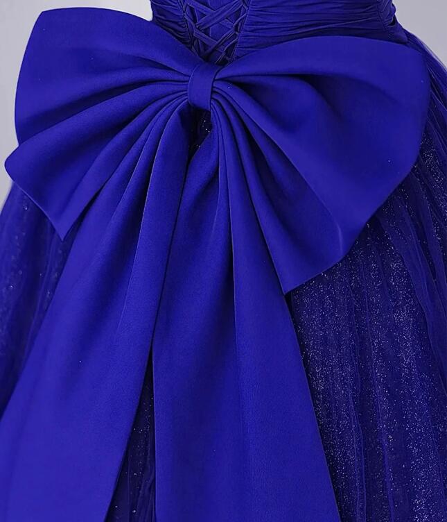 Cute Tulle Long Prom Dress with Bow, Royal Blue Short Sleeve Evening Party Dress