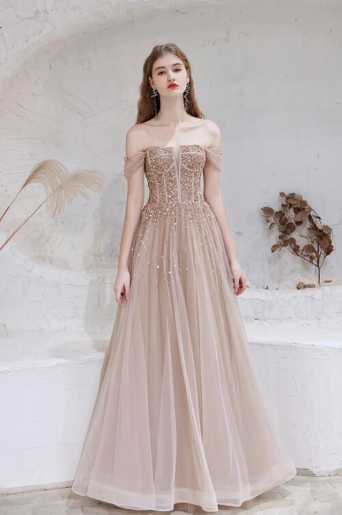 Off Shoulder Tulle Sequins Long Prom Dress, Champagne A-Line Formal Dress