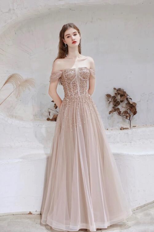 Off Shoulder Tulle Sequins Long Prom Dress, Champagne A-Line Formal Dress