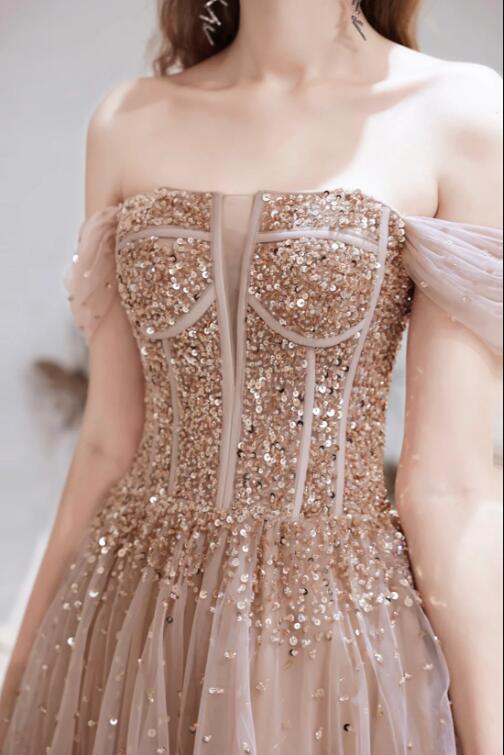 Off Shoulder Tulle Sequins Long Prom Dress, Champagne A-Line Formal Dress