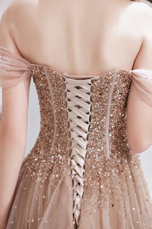 Off Shoulder Tulle Sequins Long Prom Dress, Champagne A-Line Formal Dress