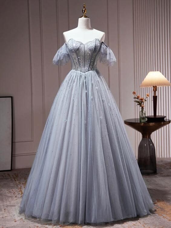 Gray Tulle Off Shoulder Beaded Party Dress, A-Line Tulle Formal Dress Prom Dress