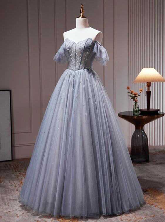 Gray Tulle Off Shoulder Beaded Party Dress, A-Line Tulle Formal Dress Prom Dress