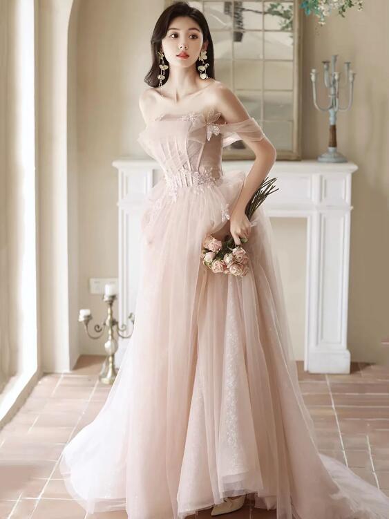 Beautiful Tulle Beaded Long Prom Dress, Light Pink Tulle Evening Dress