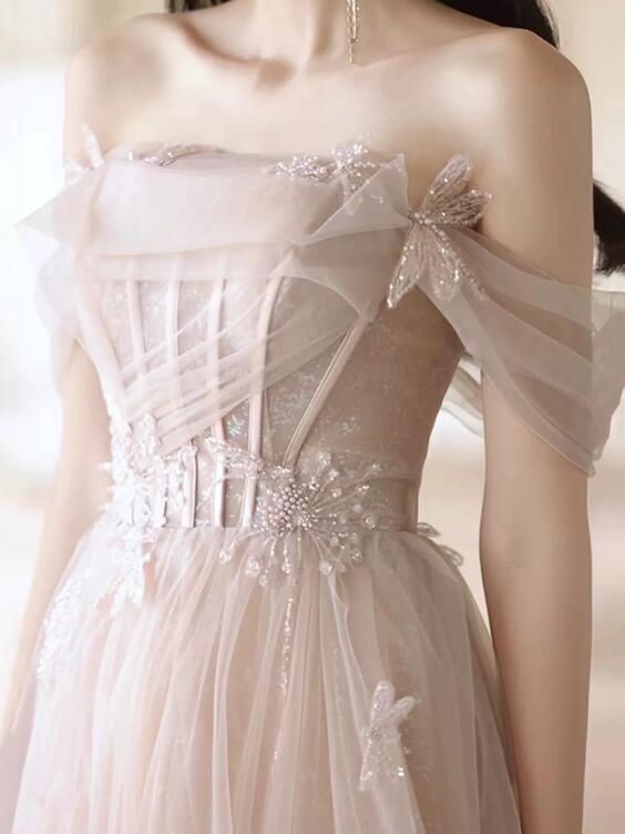 Beautiful Tulle Beaded Long Prom Dress, Light Pink Tulle Evening Dress