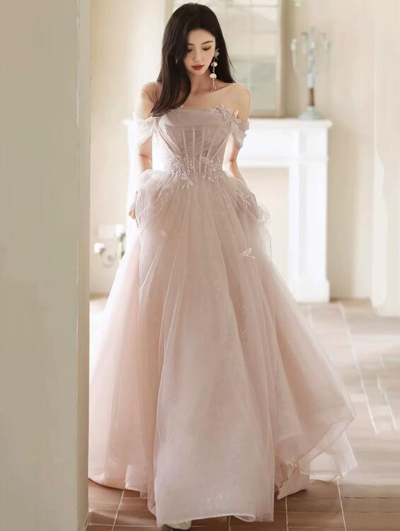 Beautiful Tulle Beaded Long Prom Dress, Light Pink Tulle Evening Dress