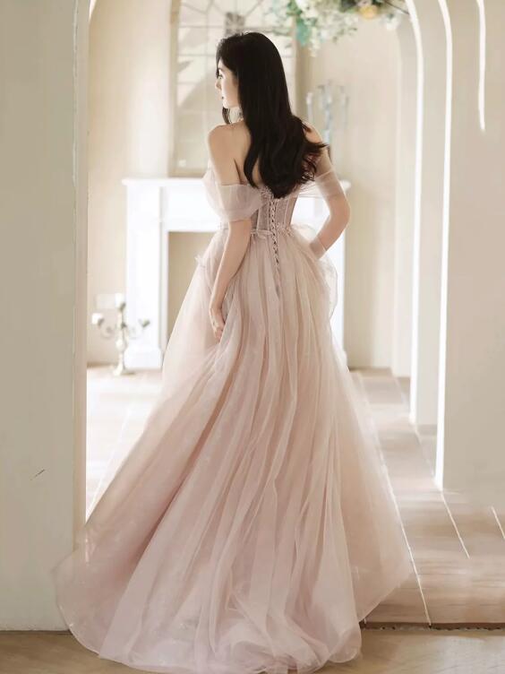 Beautiful Tulle Beaded Long Prom Dress, Light Pink Tulle Evening Dress