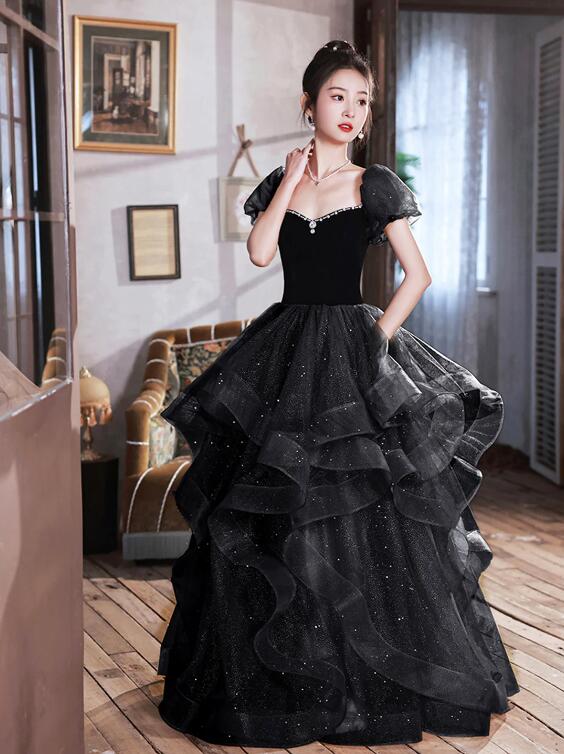 Black Velvet and Tulle Long Party Dress, Black A-Line Evening Dress Party Dress