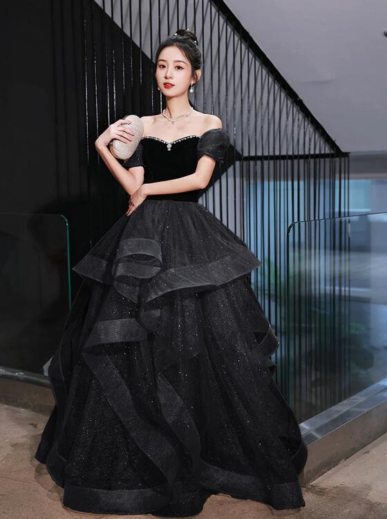 Black Velvet and Tulle Long Party Dress, Black A-Line Evening Dress Party Dress