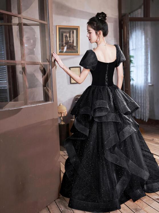 Black Velvet and Tulle Long Party Dress, Black A-Line Evening Dress Party Dress