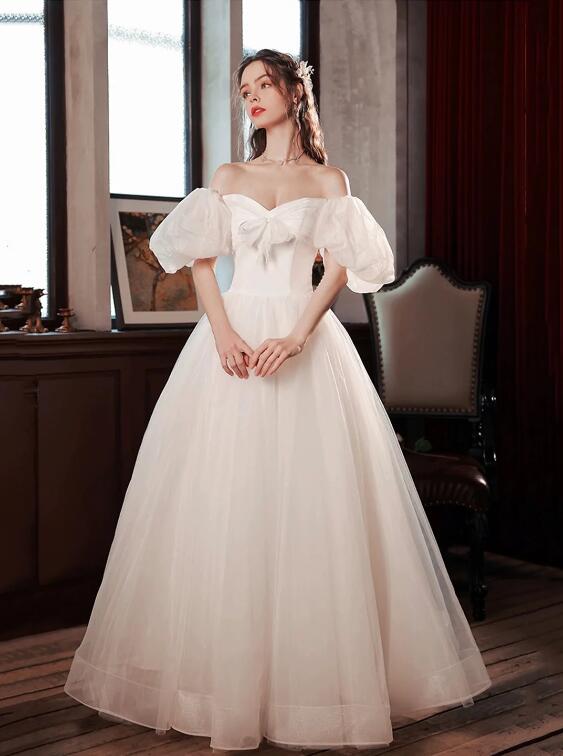 White Tulle Long Formal Dress, Beautiful A-Line Puff Sleeve Evening Dress