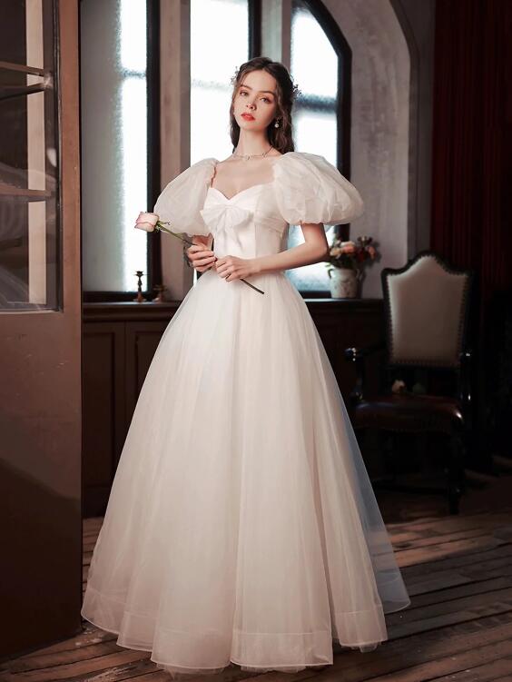 White Tulle Long Formal Dress, Beautiful A-Line Puff Sleeve Evening Dress