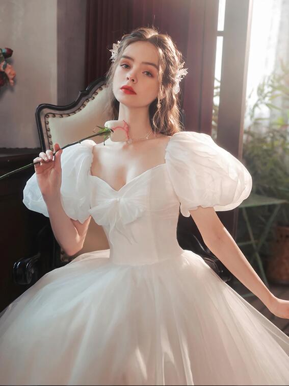 White Tulle Long Formal Dress, Beautiful A-Line Puff Sleeve Evening Dress