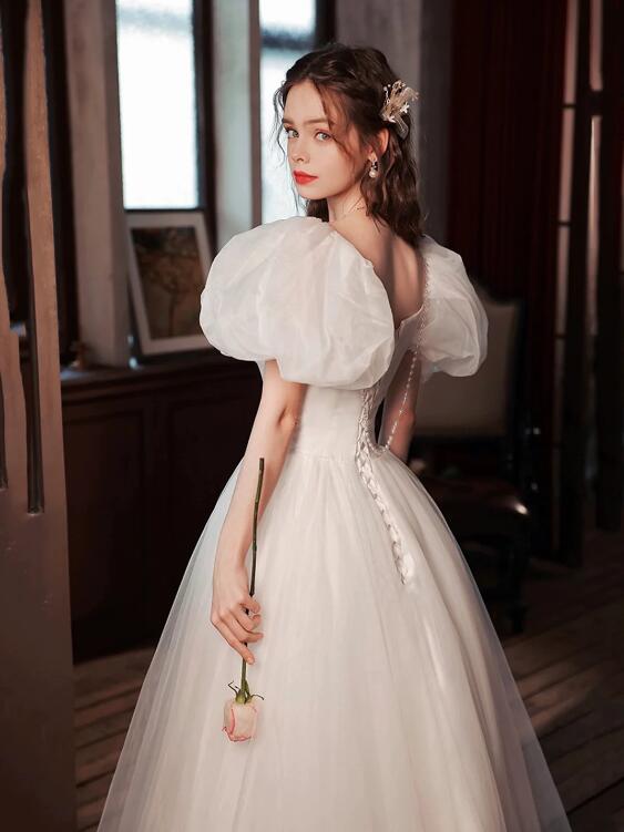 White Tulle Long Formal Dress, Beautiful A-Line Puff Sleeve Evening Dress