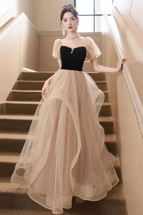 Black and Champagne Sweetheart Tulle Long Party Dress, Lovely A-Line Evening Dress