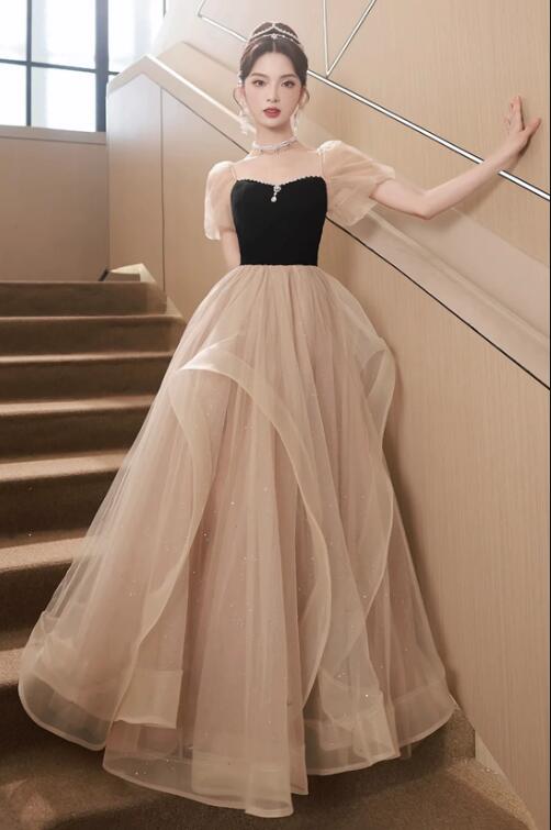 Black and Champagne Sweetheart Tulle Long Party Dress, Lovely A-Line Evening Dress