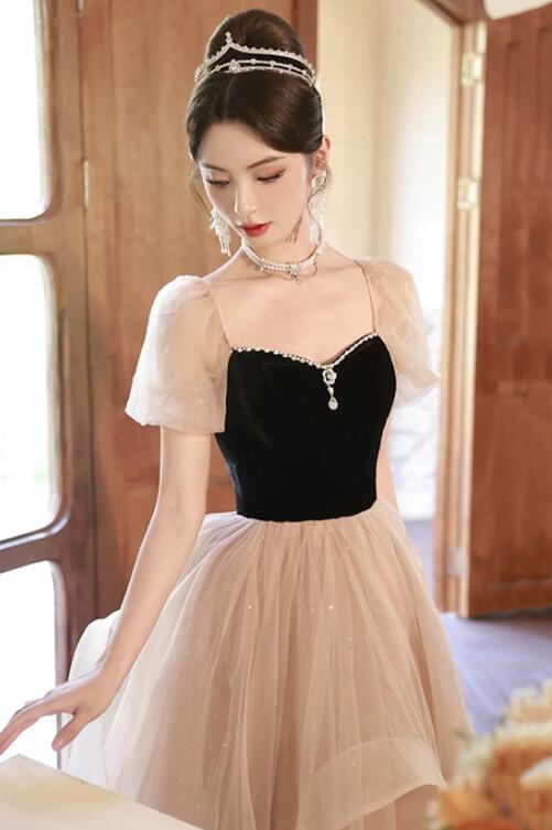 Black and Champagne Sweetheart Tulle Long Party Dress, Lovely A-Line Evening Dress