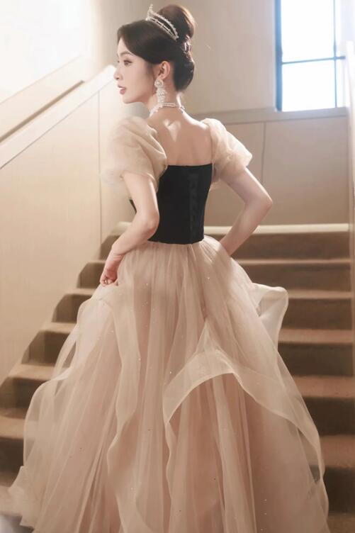 Black and Champagne Sweetheart Tulle Long Party Dress, Lovely A-Line Evening Dress