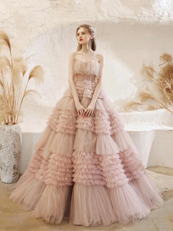 Light Pink Tulle Layers Long Prom Dresses, Beautiful Tulle Sweet 16 Dresses