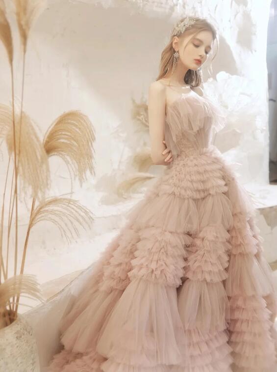 Light Pink Tulle Layers Long Prom Dresses, Beautiful Tulle Sweet 16 Dresses