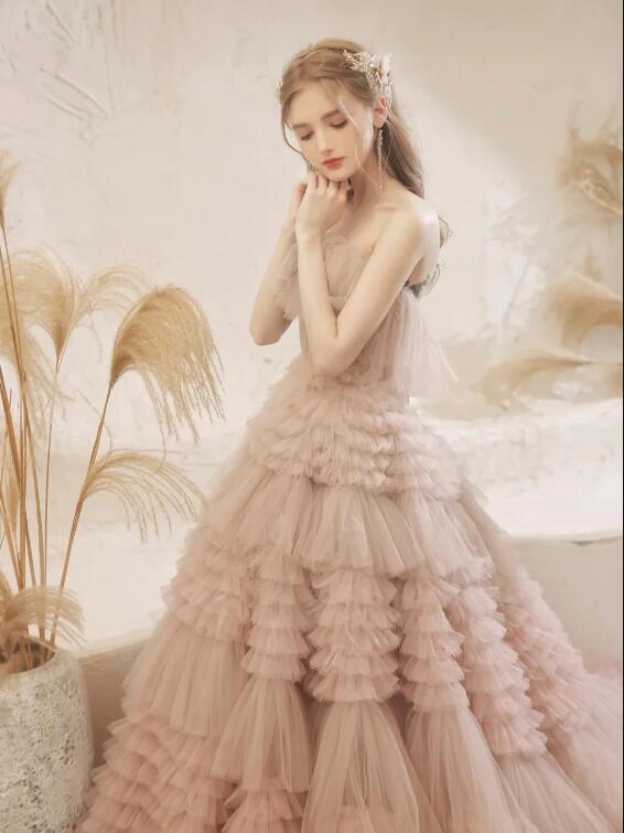 Light Pink Tulle Layers Long Prom Dresses, Beautiful Tulle Sweet 16 Dresses