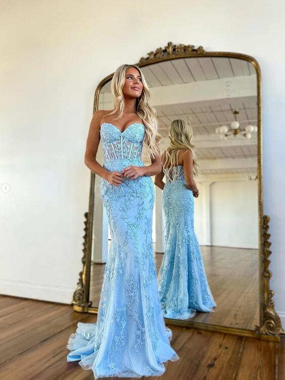 Mermaid Sweetheart Sleeveless Long Prom Dresses, Lace Evening Dresses