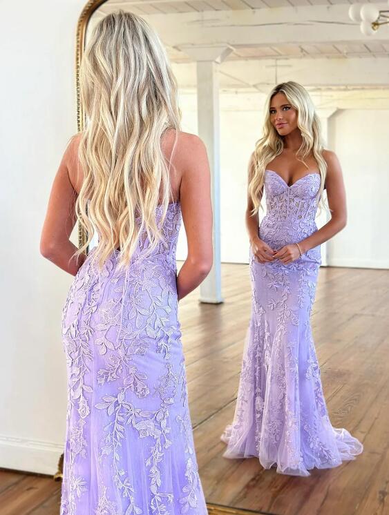 Mermaid Sweetheart Sleeveless Long Prom Dresses, Lace Evening Dresses