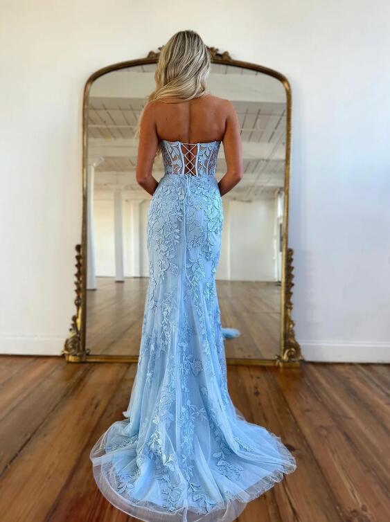 Mermaid Sweetheart Sleeveless Long Prom Dresses, Lace Evening Dresses