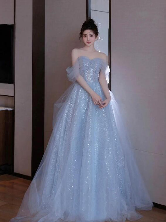 Blue Tulle Sequins Long Prom Dresses, Beautiful Off Shoulder Blue Evening Dresses