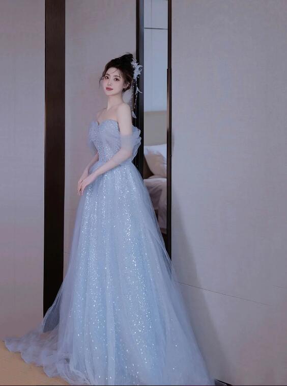 Blue Tulle Sequins Long Prom Dresses, Beautiful Off Shoulder Blue Evening Dresses