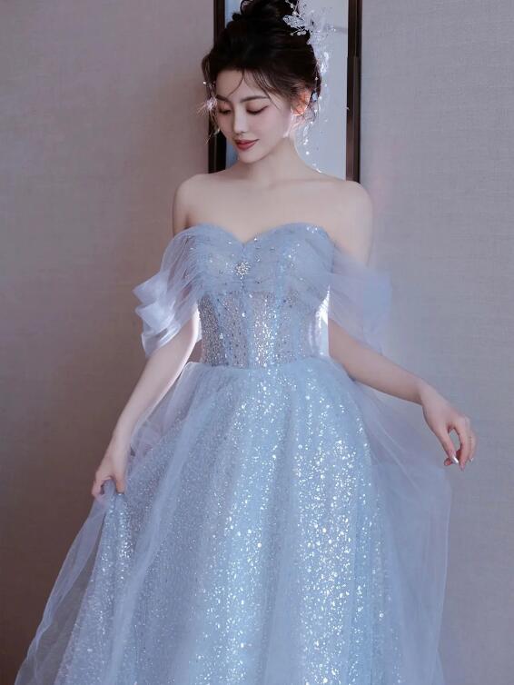 Blue Tulle Sequins Long Prom Dresses, Beautiful Off Shoulder Blue Evening Dresses