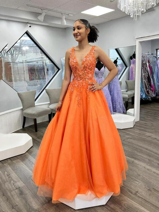 Orange V-Neck Lace Long Prom Dress, Beautiful Evening Party Dress