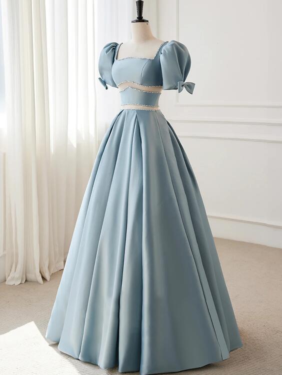 Blue Satin Beaded Long Prom Dress, Blue Short Sleeve Evening Dress