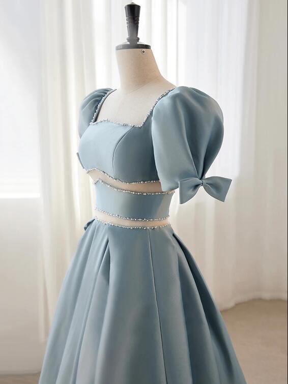 Blue Satin Beaded Long Prom Dress, Blue Short Sleeve Evening Dress