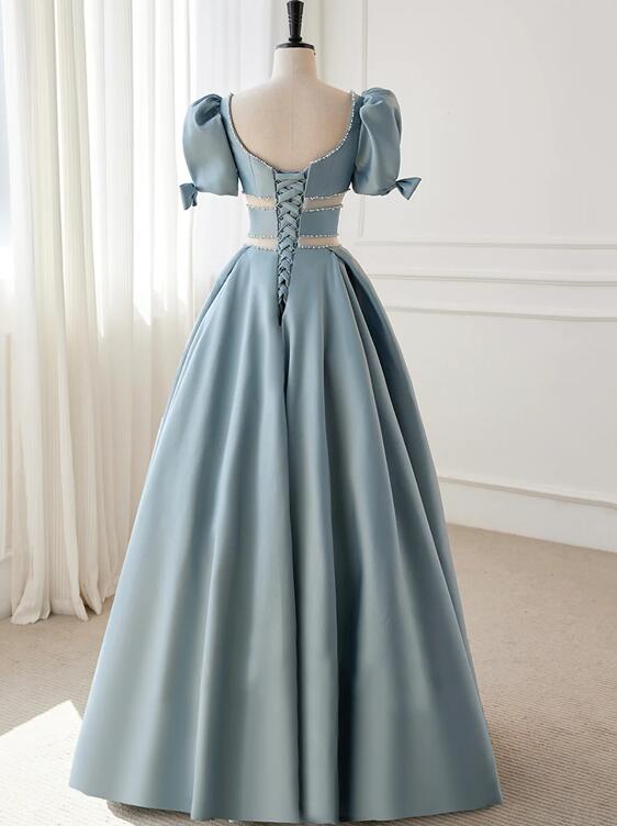 Blue Satin Beaded Long Prom Dress, Blue Short Sleeve Evening Dress