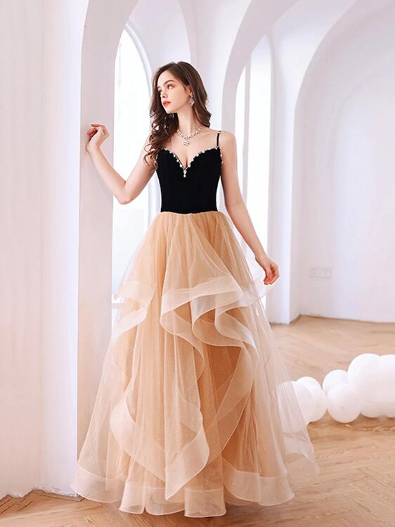 Black Velvet and Champagne Tiered Ruffles Long Prom Dress