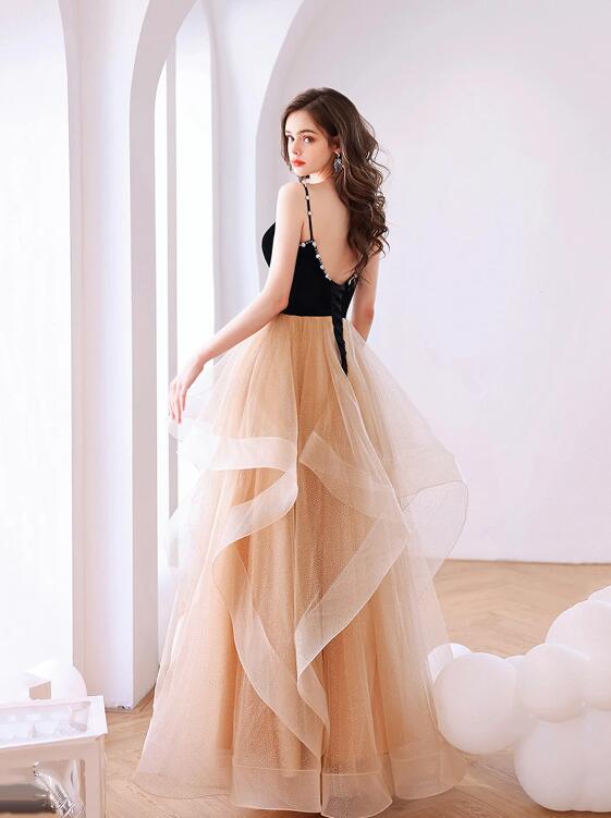 Black Velvet and Champagne Tiered Ruffles Long Prom Dress