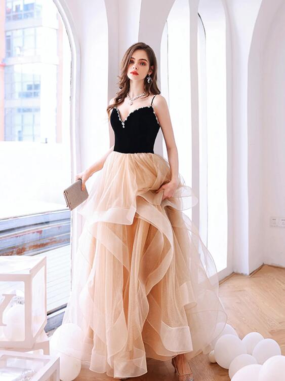 Black Velvet and Champagne Tiered Ruffles Long Prom Dress