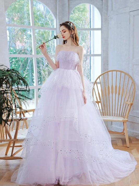 Lavender Tulle Sequins Long Prom Dress, Beautiful Evening Dress Party Dress