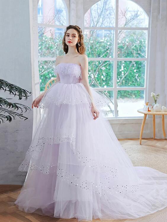 Lavender Tulle Sequins Long Prom Dress, Beautiful Evening Dress Party Dress