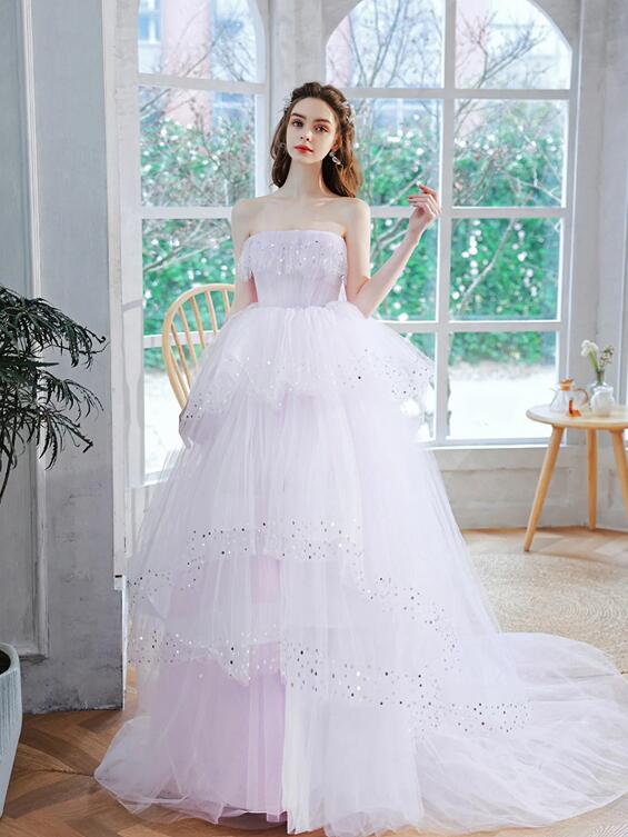 Lavender Tulle Sequins Long Prom Dress, Beautiful Evening Dress Party Dress