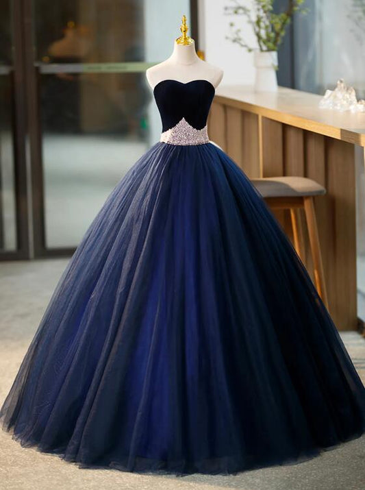 Blue Tulle Long Formal Dress with Velvet, Blue Sweetheart Neck Prom Dress