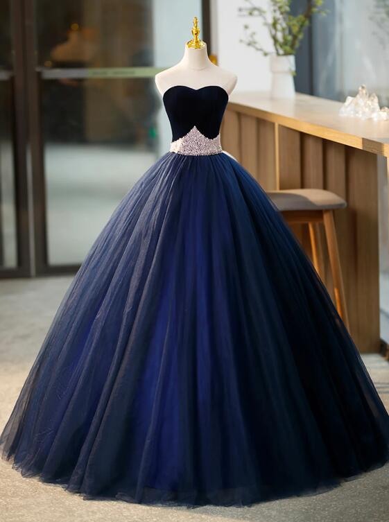 Blue Tulle Long Formal Dress with Velvet, Blue Sweetheart Neck Prom Dress