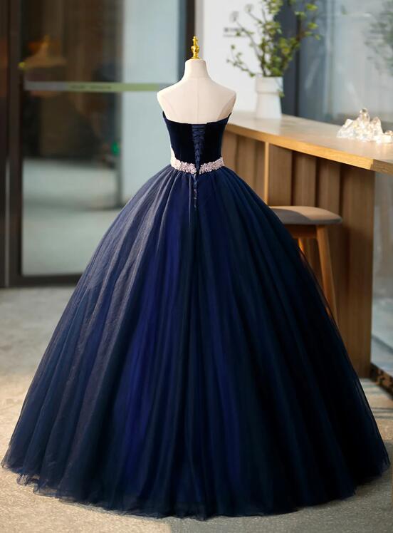 Blue Tulle Long Formal Dress with Velvet, Blue Sweetheart Neck Prom Dress