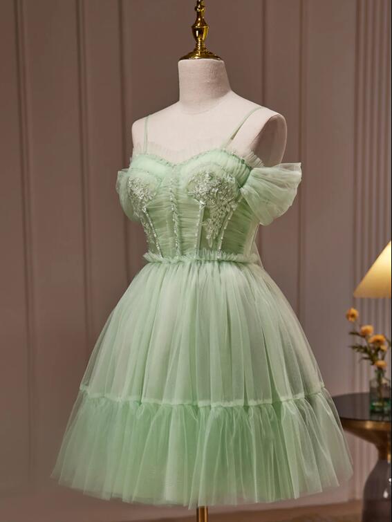 Green Tulle Lace Short Prom Dress, Cute Homecoming Dress, Green Party Dress