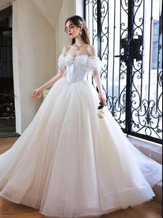 Gorgeous Tulle Off Shoulder Princess Dress, White Long Prom Dress